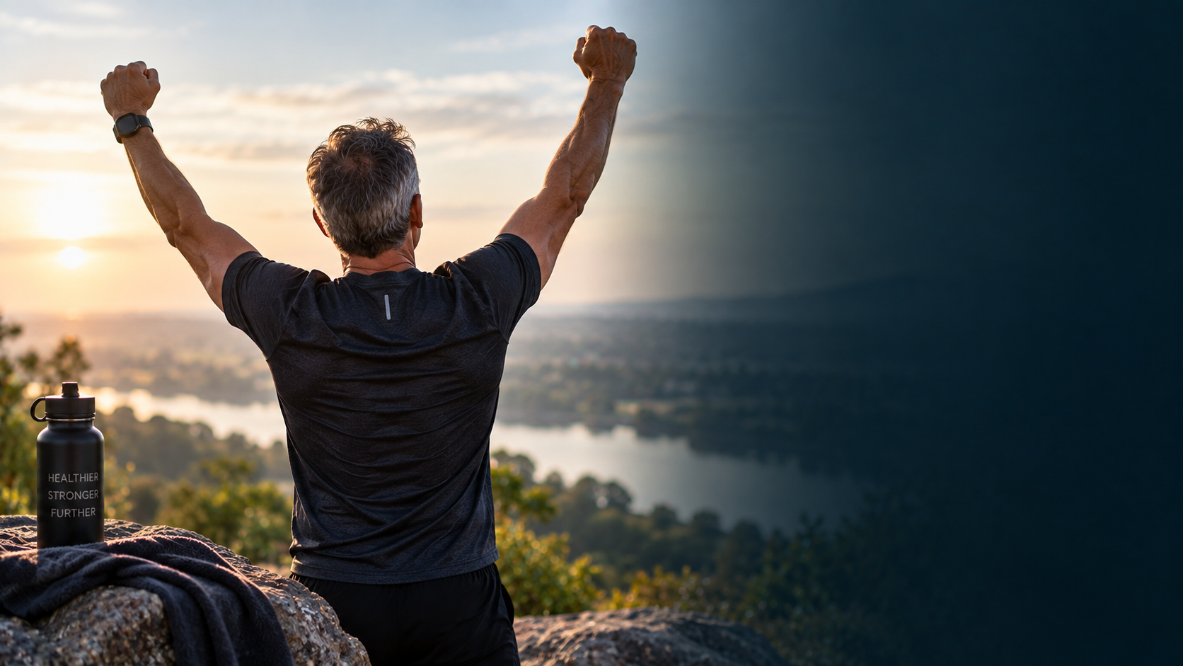 A figure standing in celebration atop a rocky outcrop at golden hour, overlooking the landscape