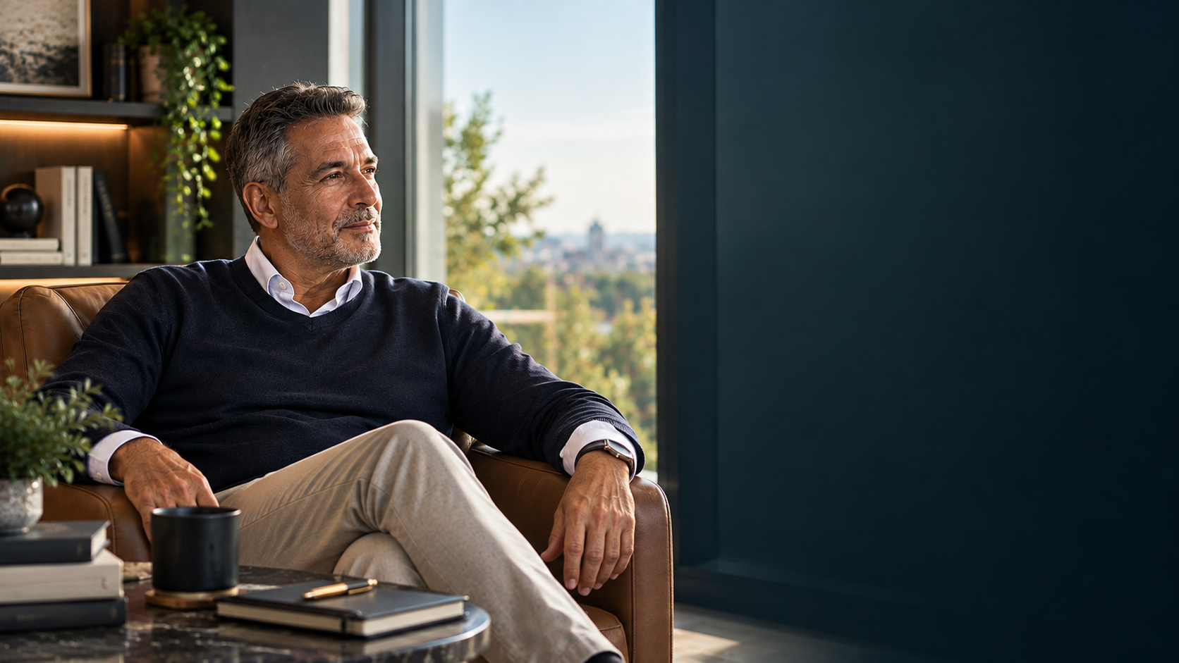 Dr Surinder Sandhu seated in a leather armchair, gazing toward a cityscape window in his study