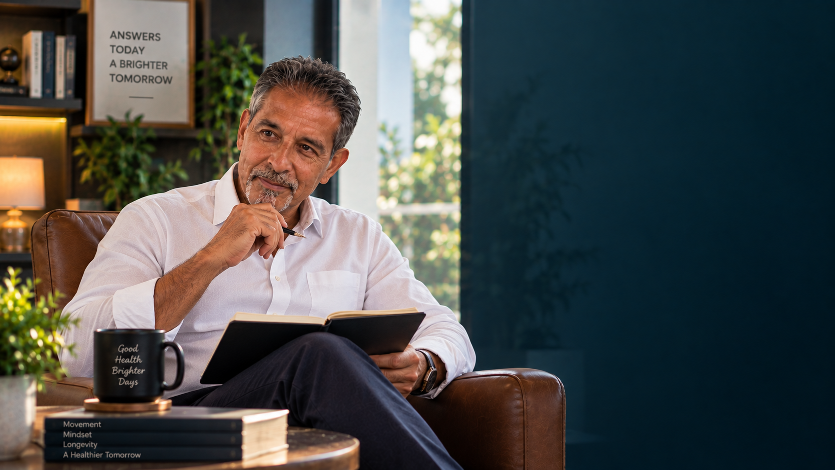 A man seated thoughtfully with an open notebook, ready to answer your questions