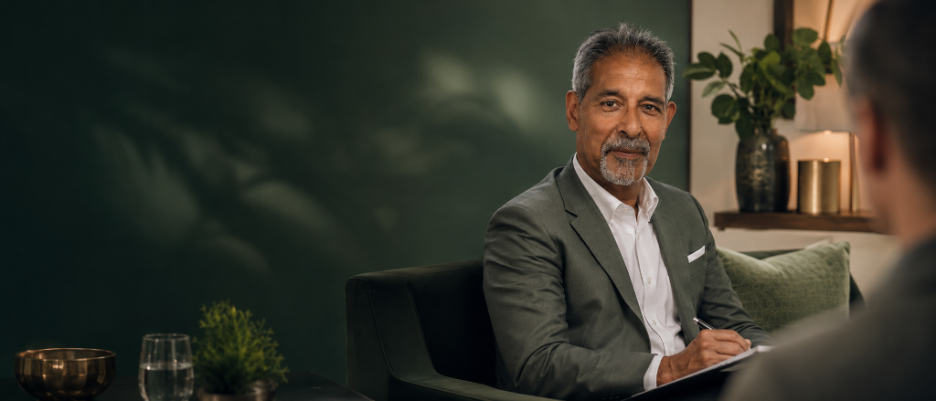 Dr Surinder Sandhu seated in a green armchair, holding a notepad during a consultation