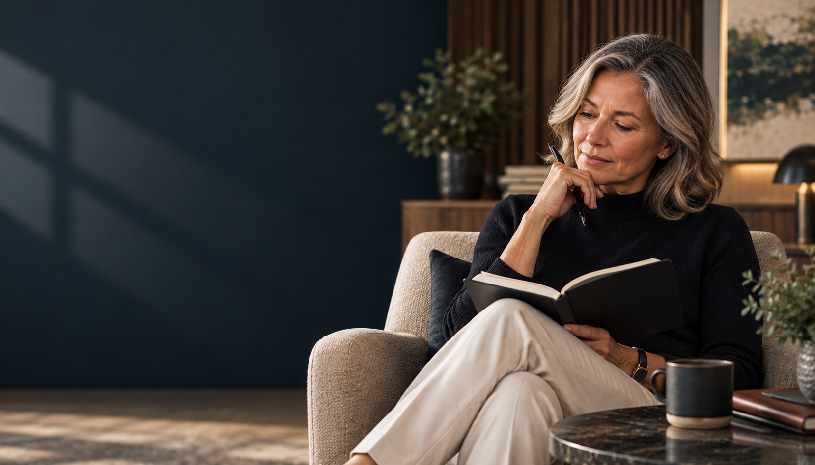 A woman seated thoughtfully with an open notebook, reflecting on cognitive wellbeing