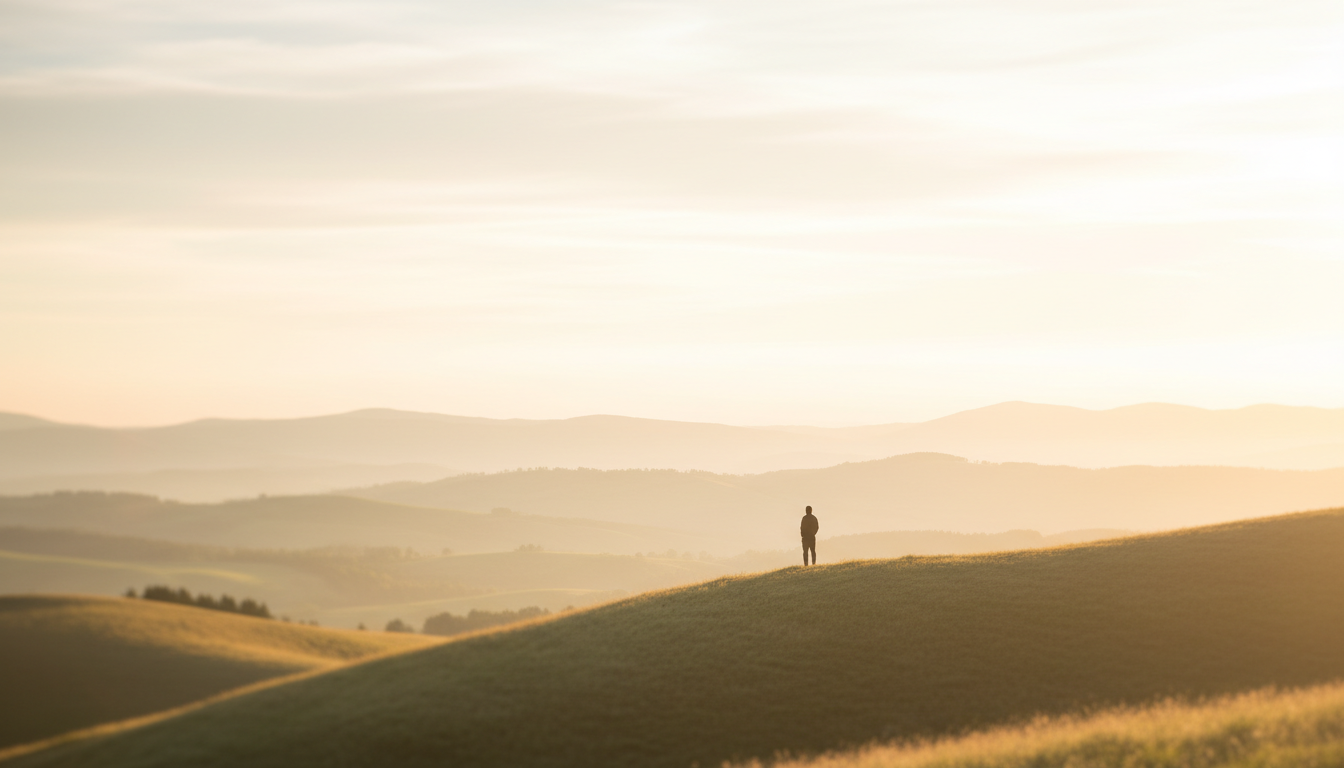 A solitary figure gazing toward a golden horizon at dawn, symbolizing hope and new beginnings