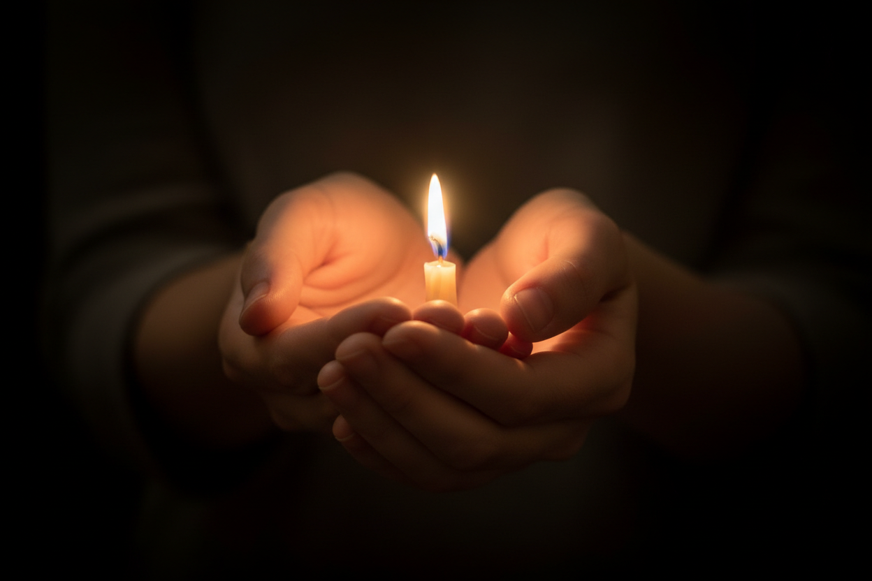 Hands holding a small lit candle in soft golden light, symbolizing the warmth of giving