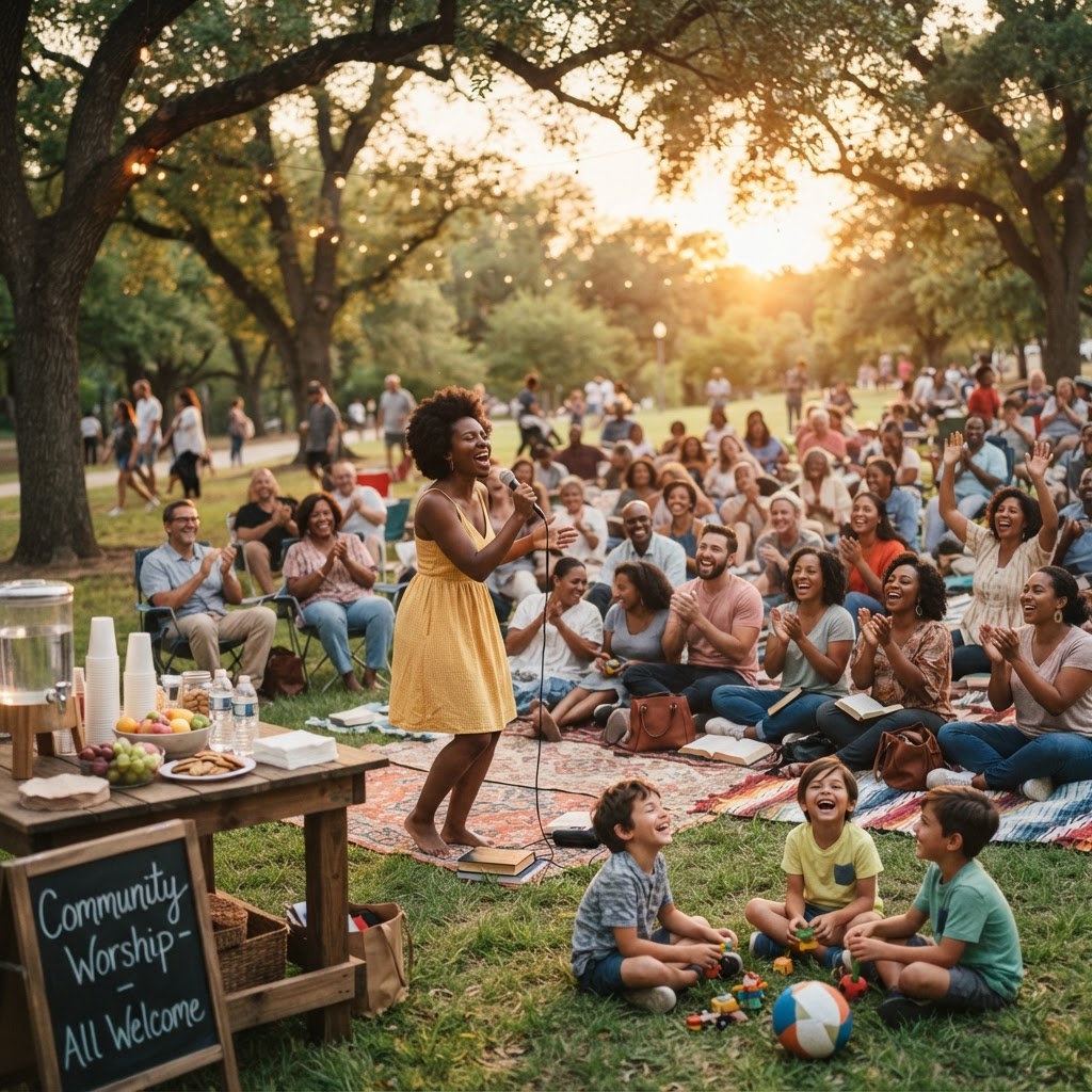 An outdoor park gathering at golden hour, with people coming together for worship and fellowship under the open sky