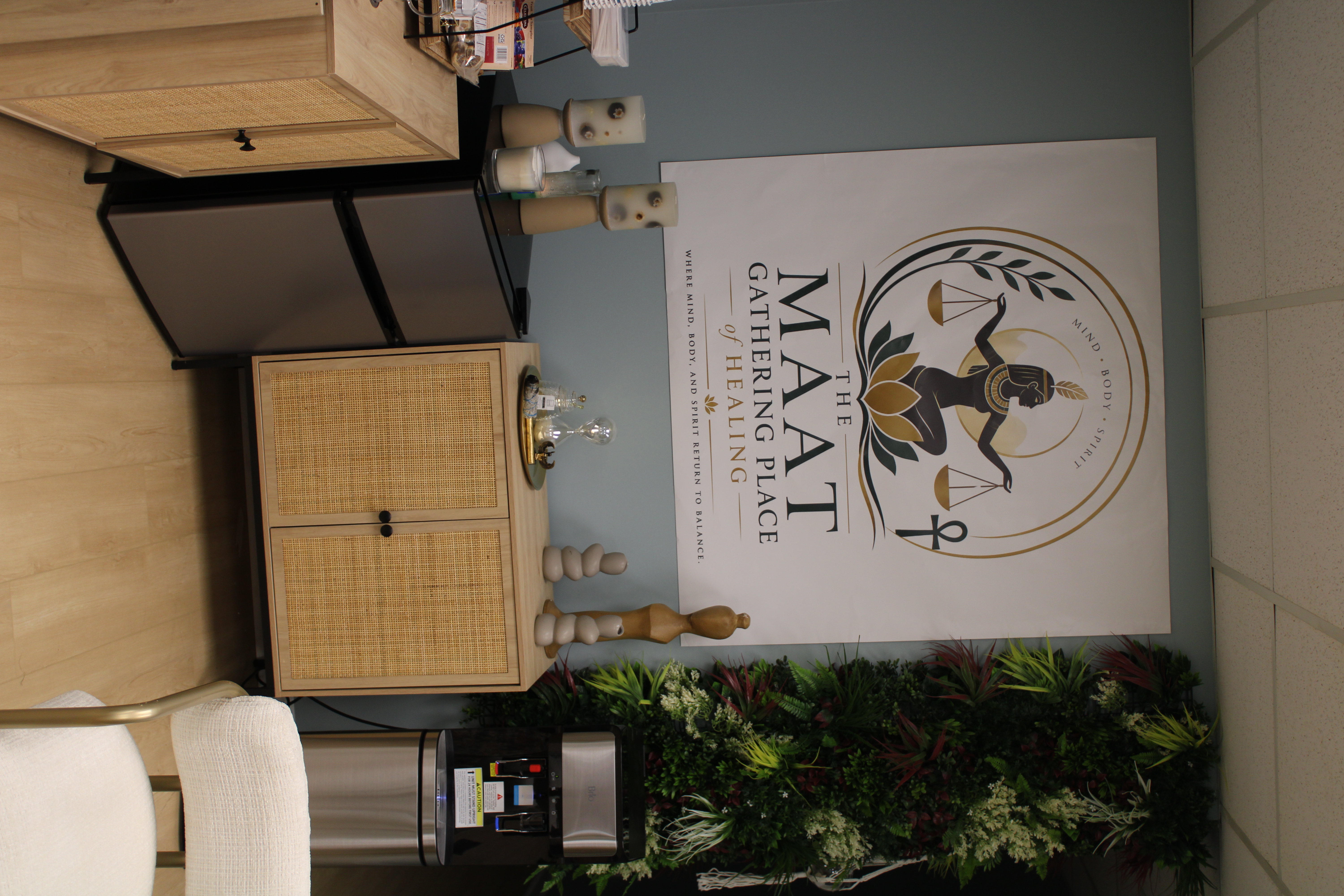 Tea station beneath the MAAT logo
