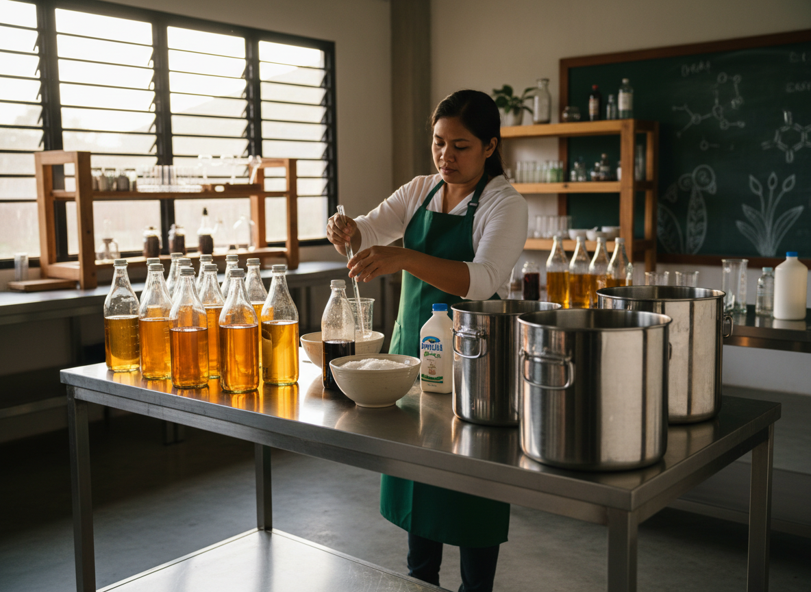 Woman preparing liquid enzymes in bottles on a stainless table