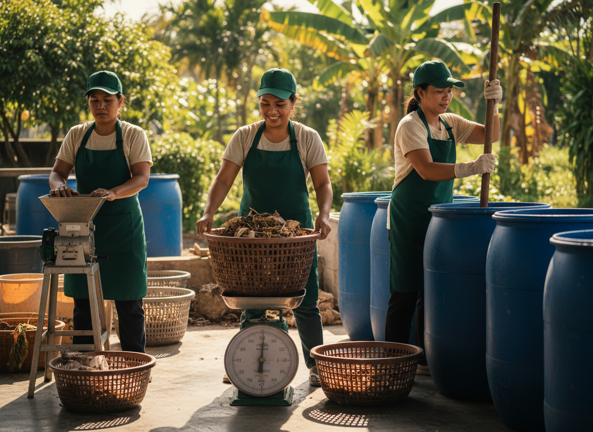 Women processing compost in blue barrels