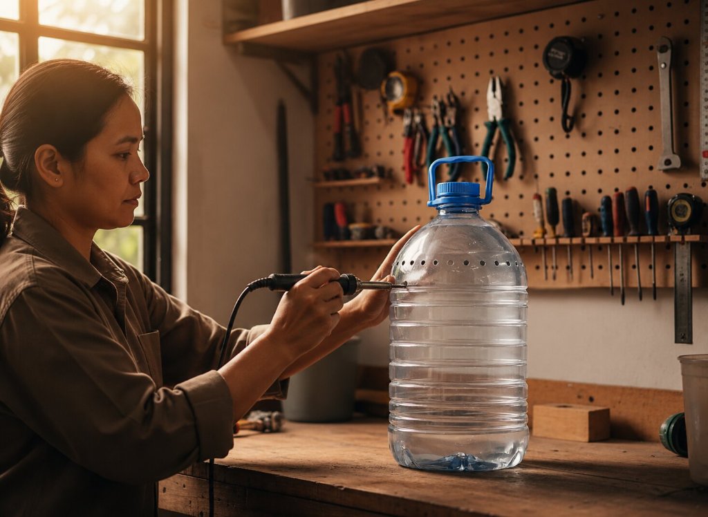 Woman drilling holes in a plastic water jug to create a household composter