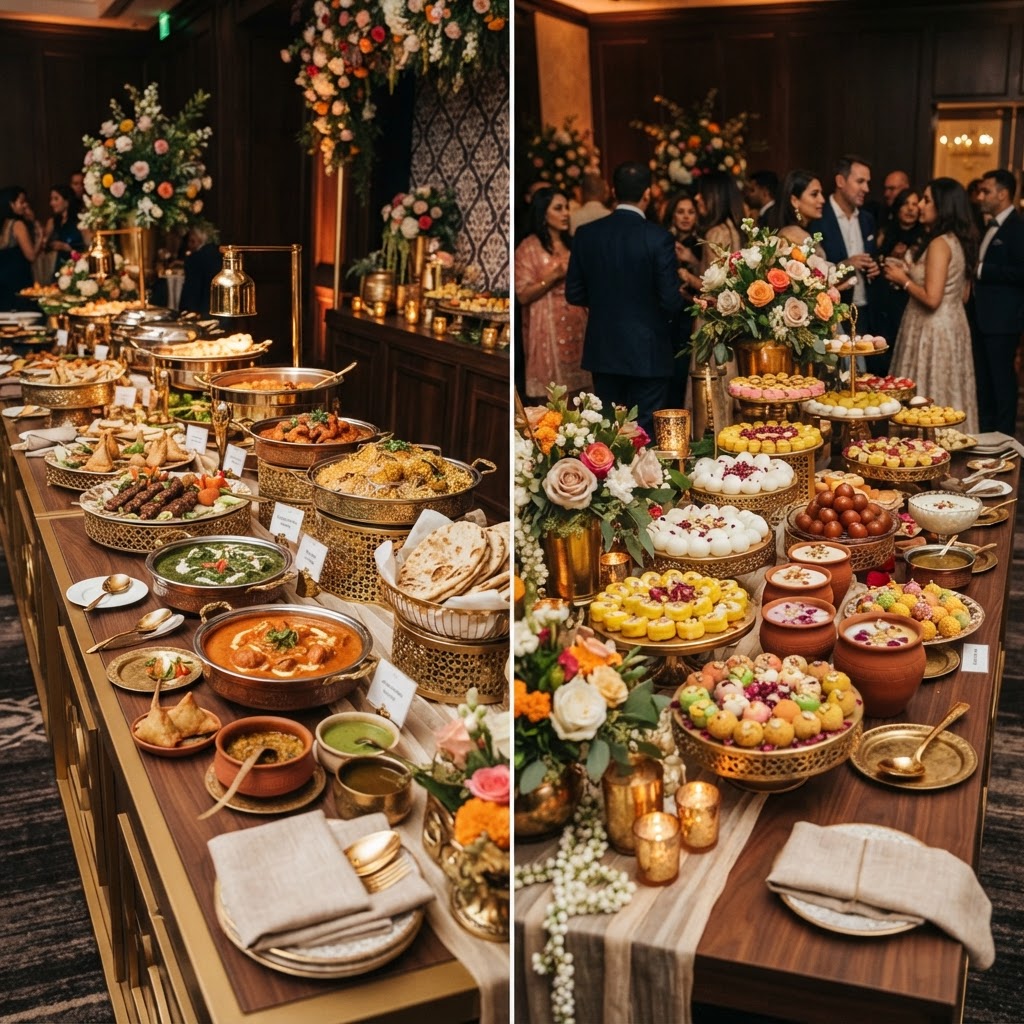 Elegant catering buffet with South Asian dishes and desserts
