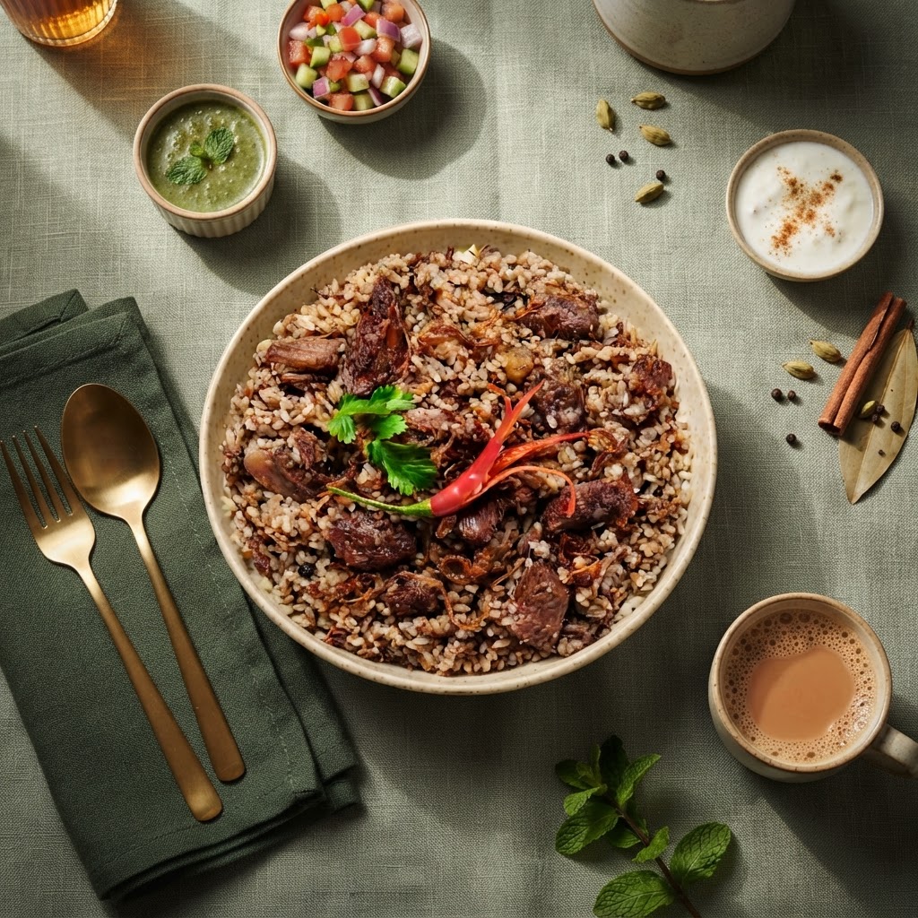 Beef tehari biryani served in a rustic ceramic bowl on a sage-green linen tablecloth with restaurant props