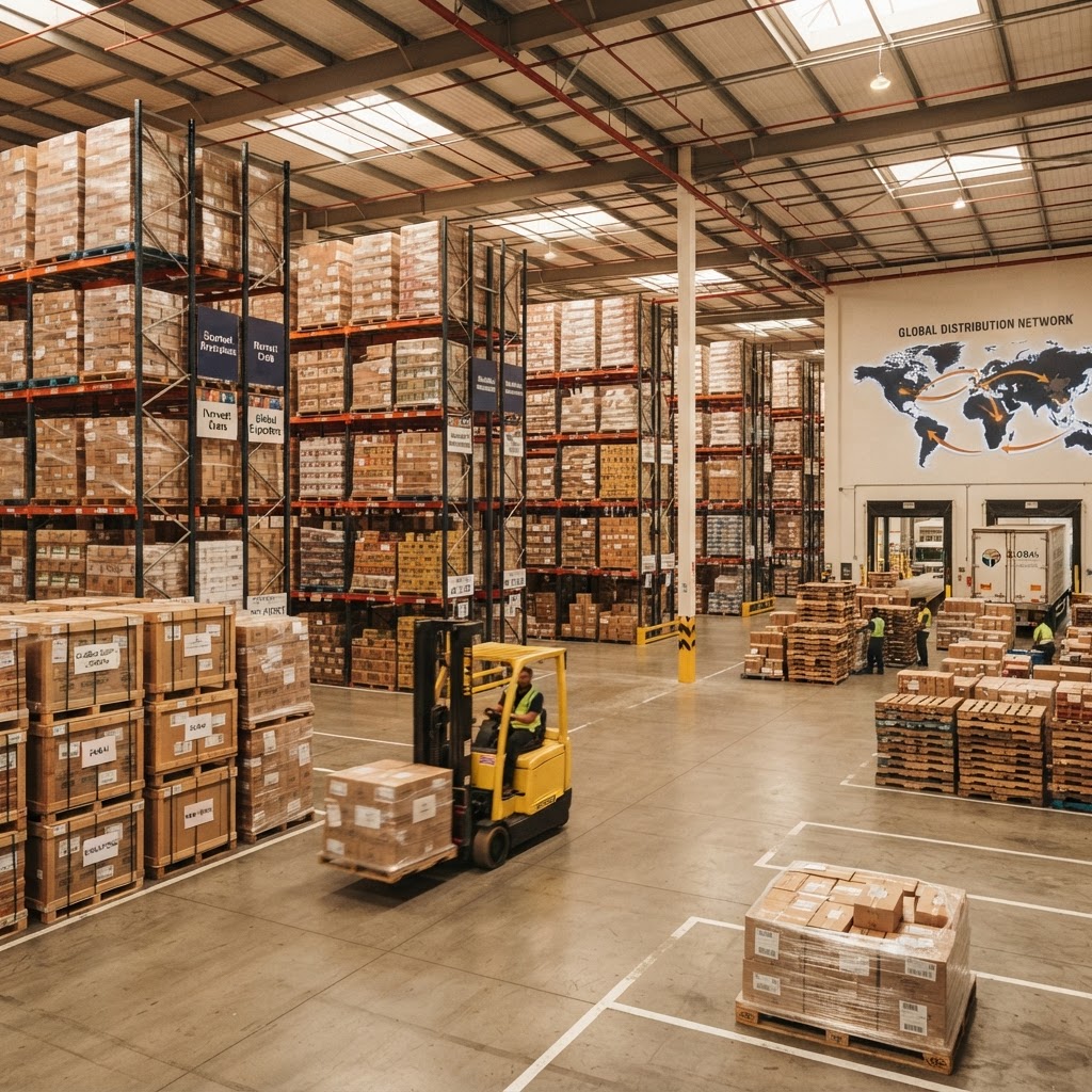 Warehouse with pallets of packaged food ready for global shipping