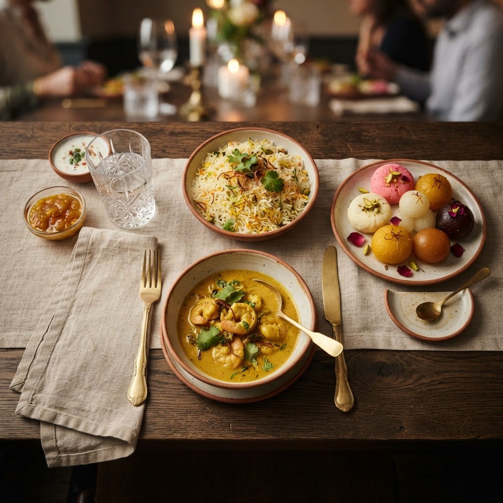 Plated South Asian dishes on a styled restaurant table
