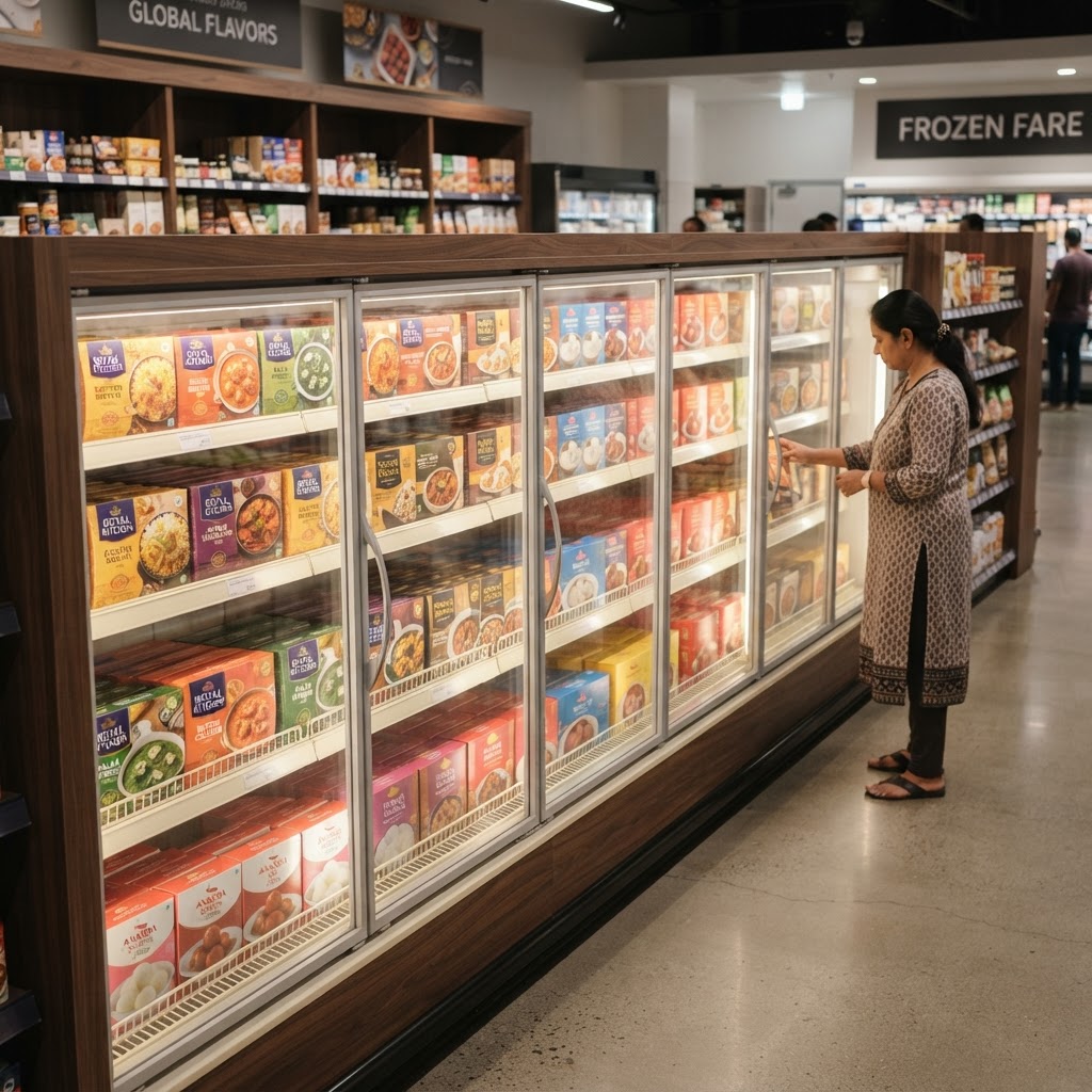 Supermarket frozen aisle stocked with branded ready-to-eat meals