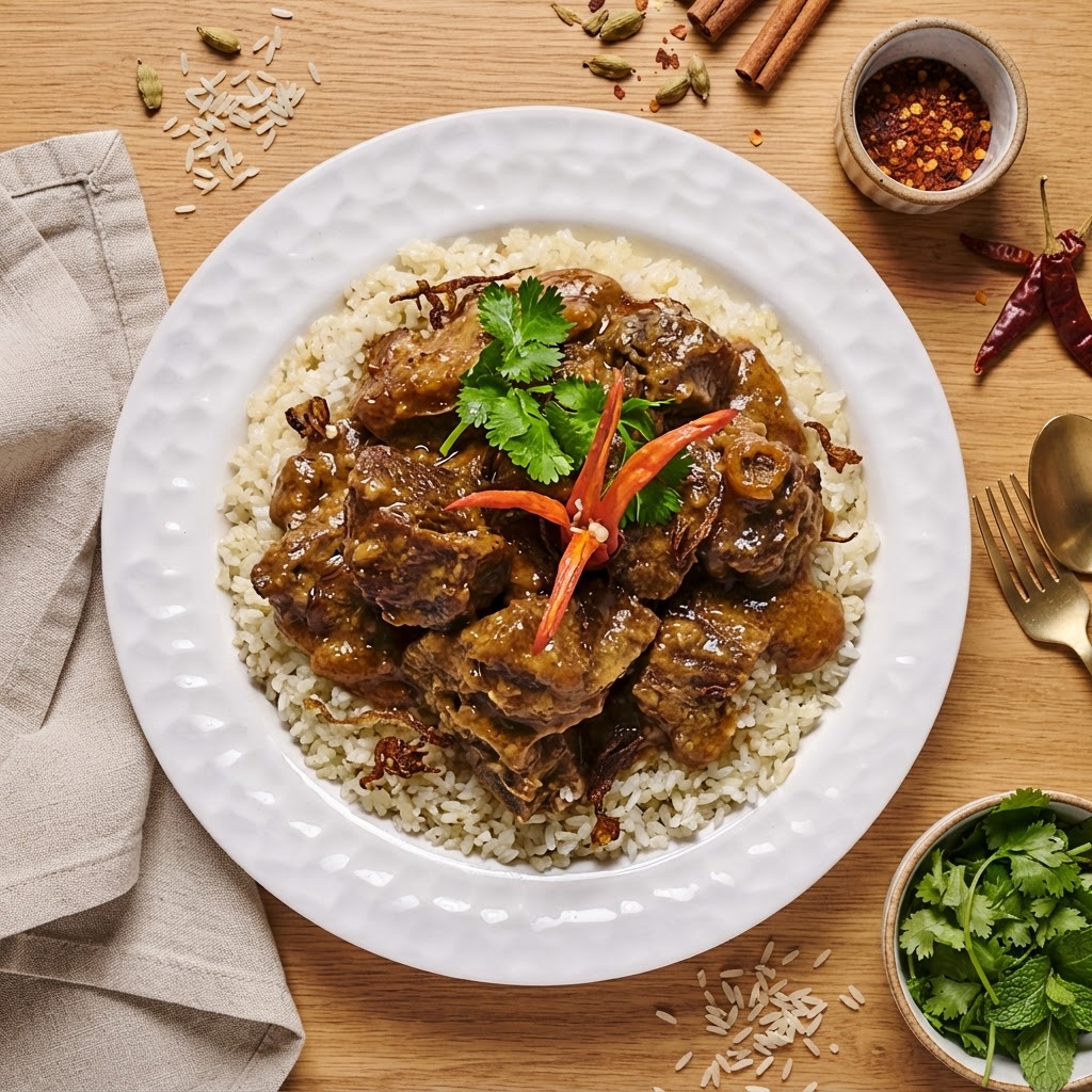 Slow-cooked goat rezala served over rice on a styled warm oak table setting