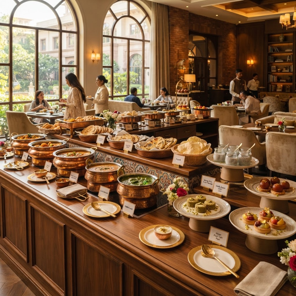 Elegant hotel breakfast buffet with South Asian dishes