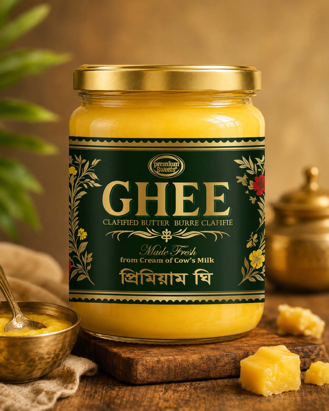 Premium Sweets Ghee jar on a dark wooden board with brass bowl and spoon