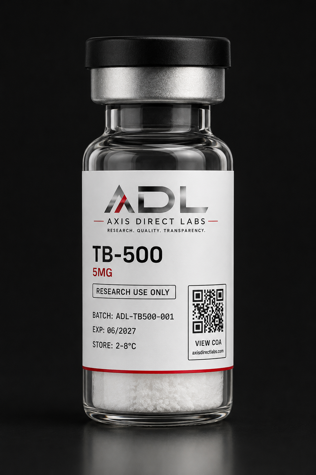 Thymosin Beta-4 (TB-4) — Full Length 43 AA, 5mg (TB-500 alias) — research compound vial with batch and COA readout