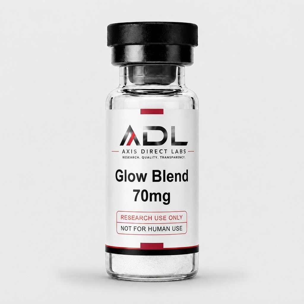 Glow Blend 70mg — research compound vial with batch and COA readout