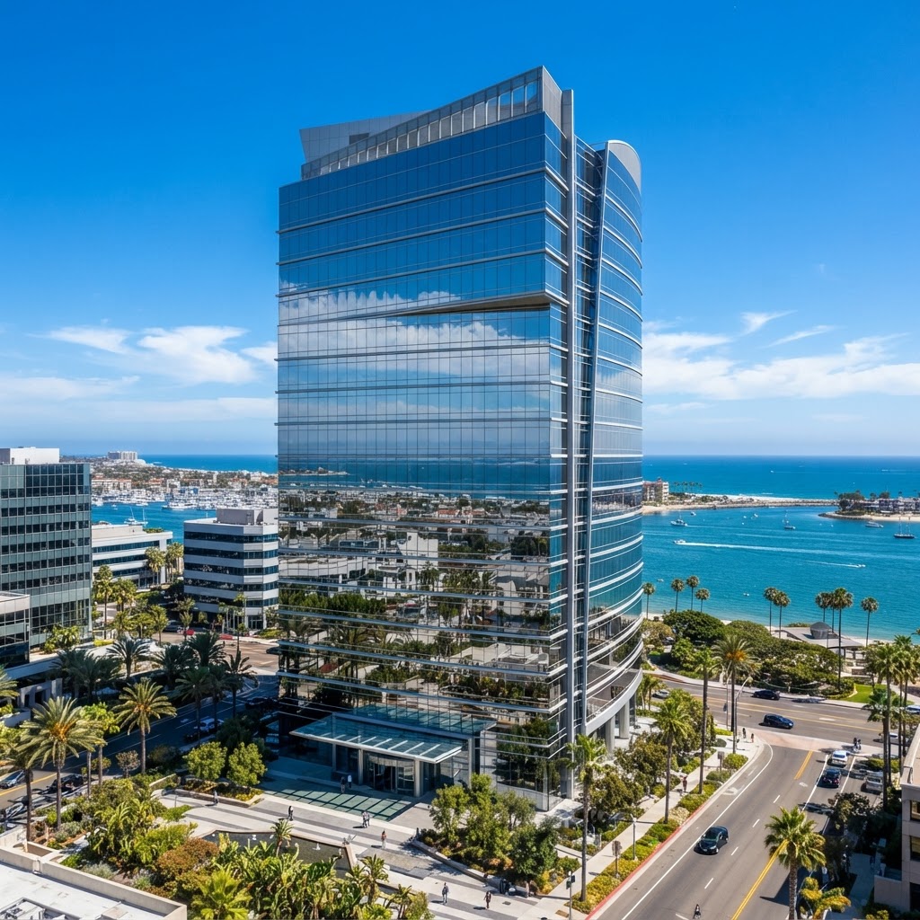 Reflective mirror window film on a Newport Beach commercial building
