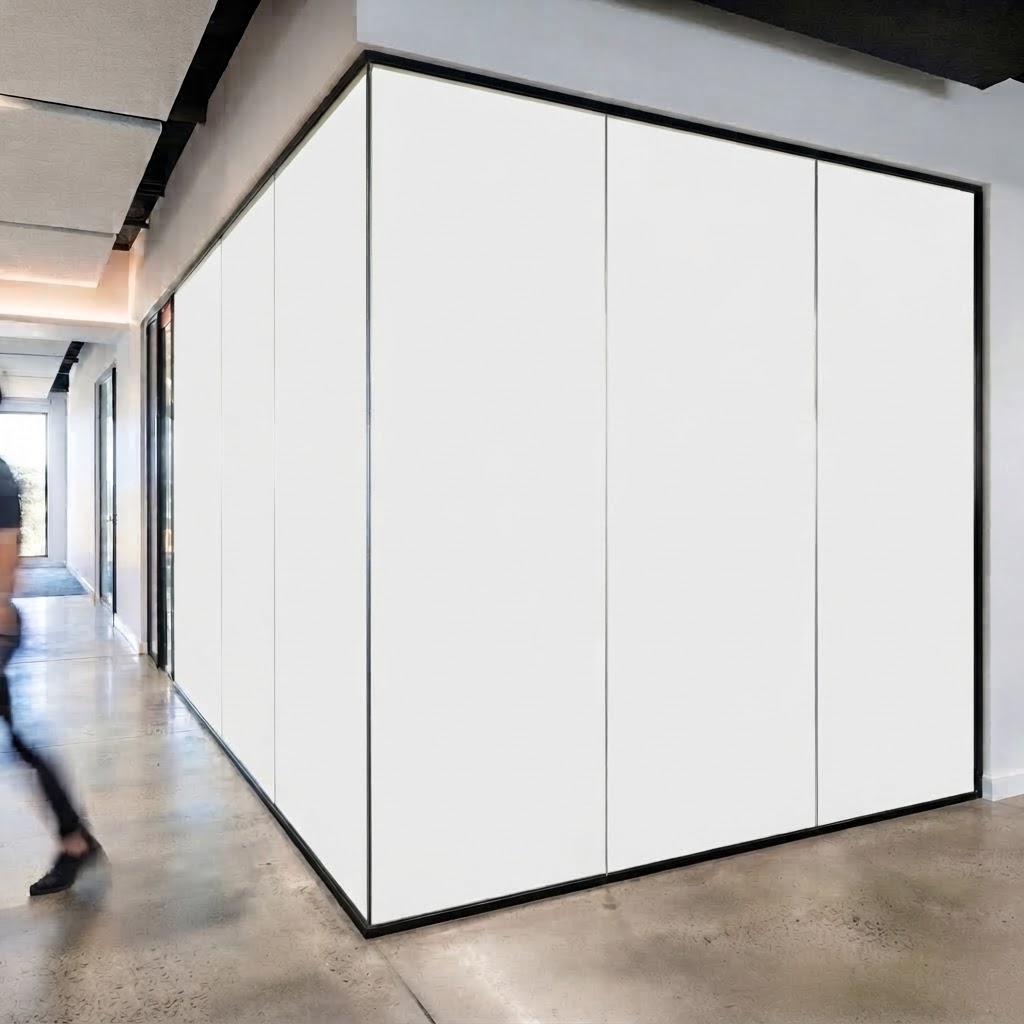 Smart film in its frosted (powered off) state — instant privacy