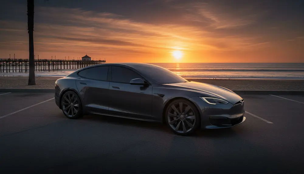 Tesla with premium ceramic window tint near Huntington Beach pier