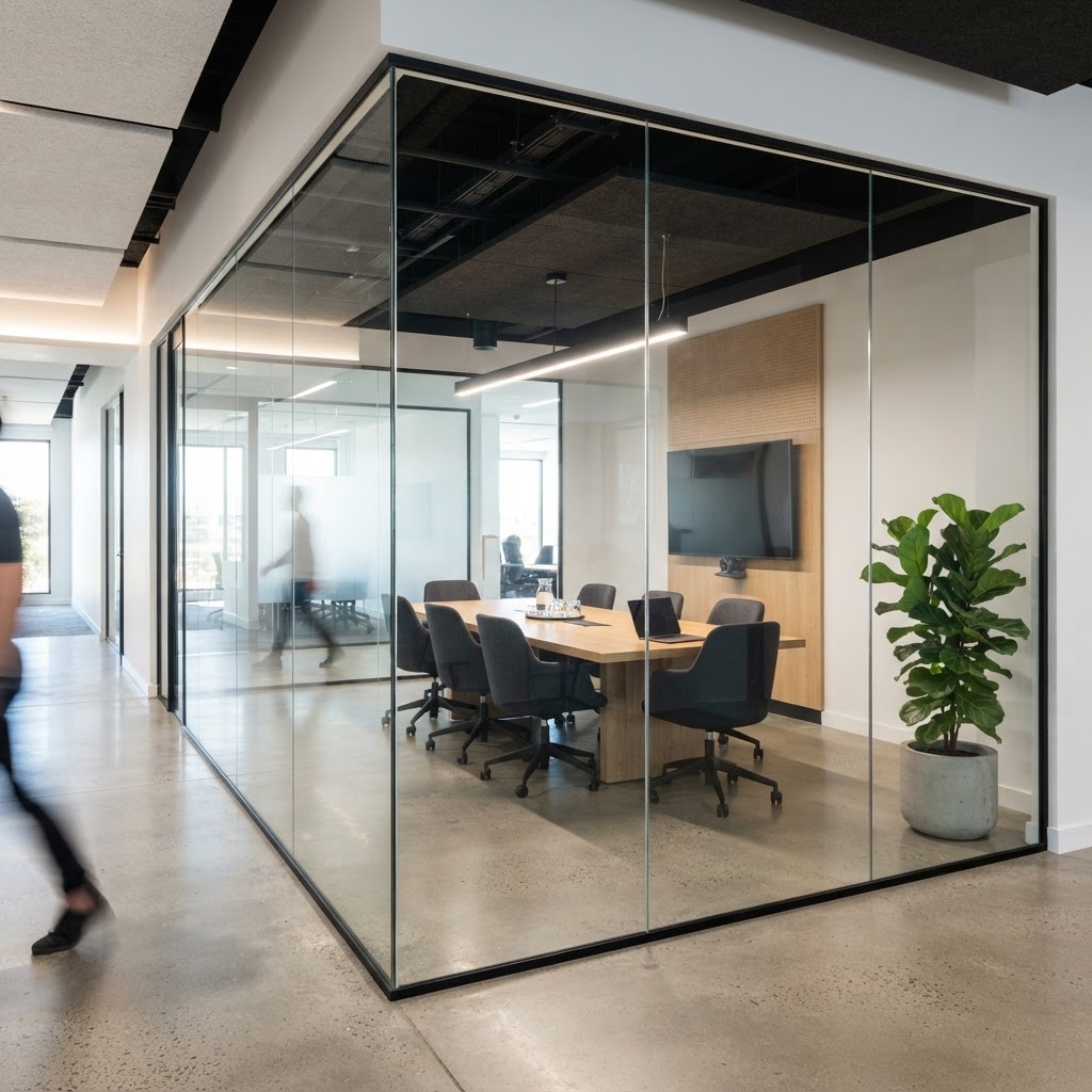 Smart film in its clear (powered on) state — full visibility through the glass