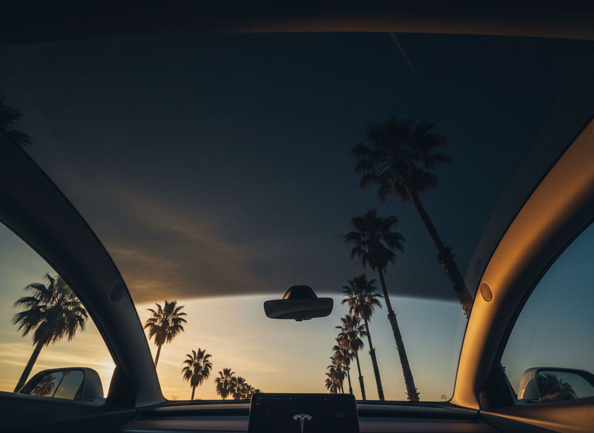 Tesla Model 3 glass roof with ceramic tint viewed from interior showing clear sky visibility