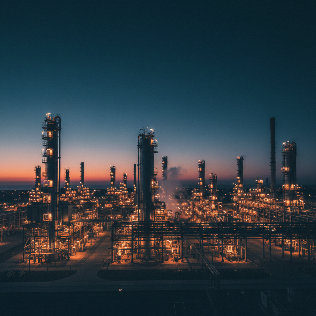 Industrial fabrication yard and refinery at golden hour