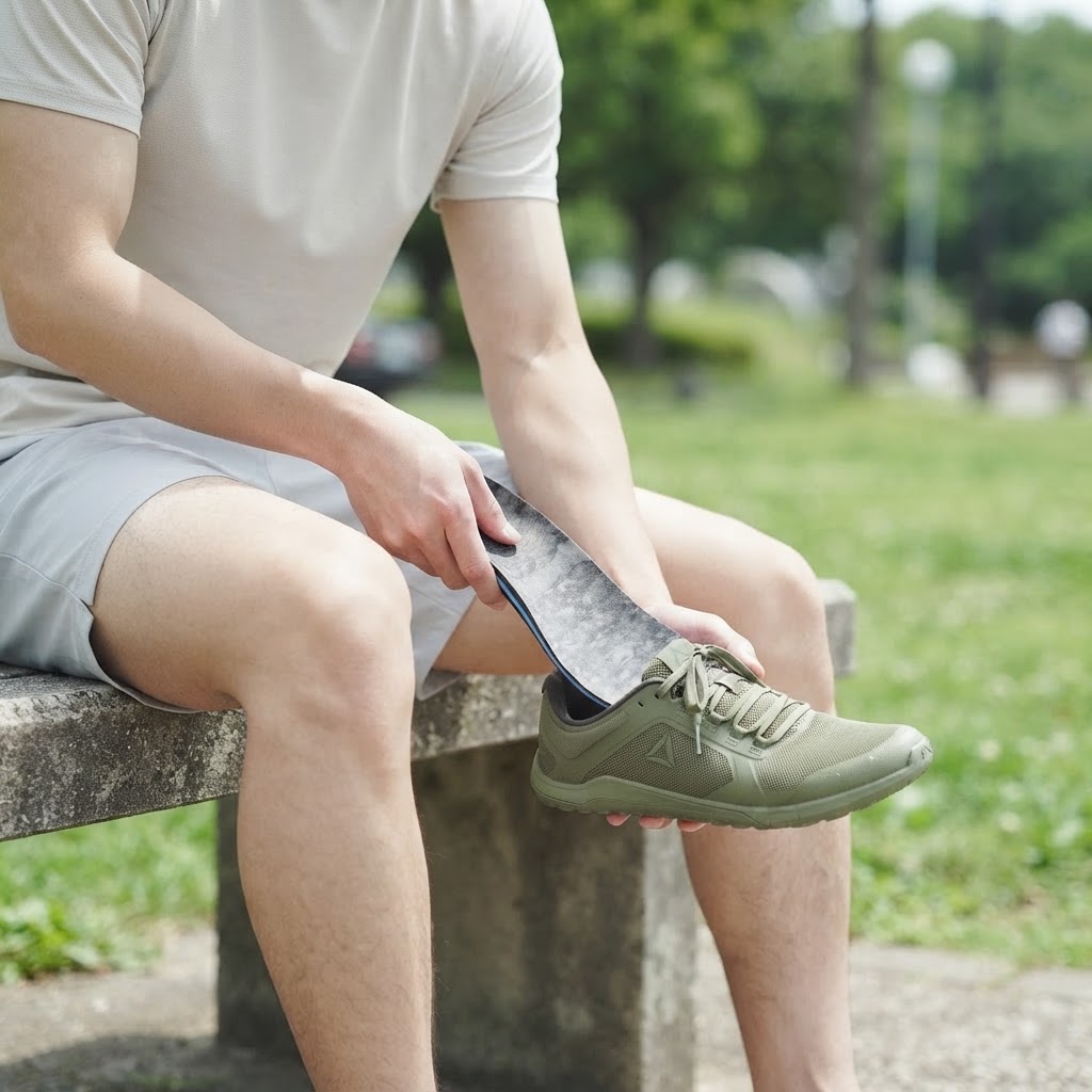 A runner in activewear slipping an EnviroPoly orthotic into their running shoe before a morning run