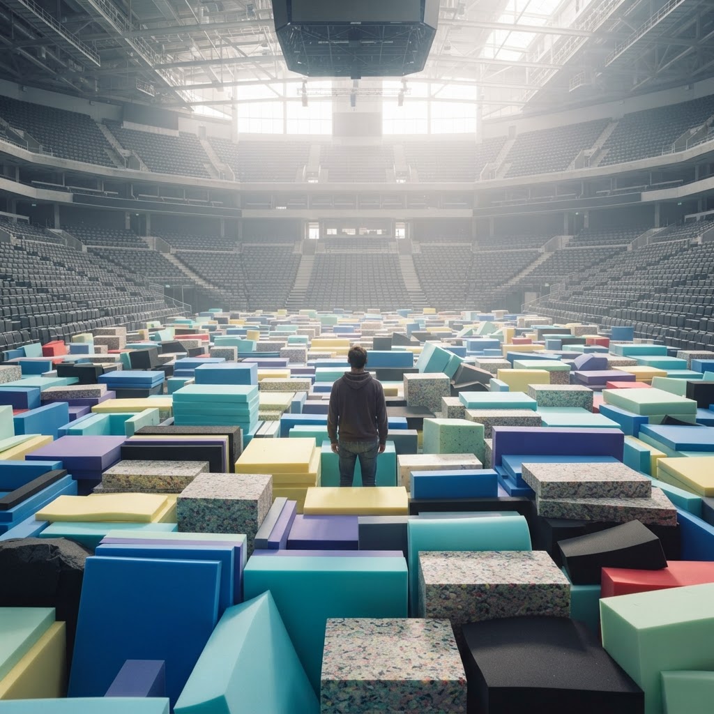 A person standing knee-deep in stacked colourful EVA foam blocks covering a bright arena floor