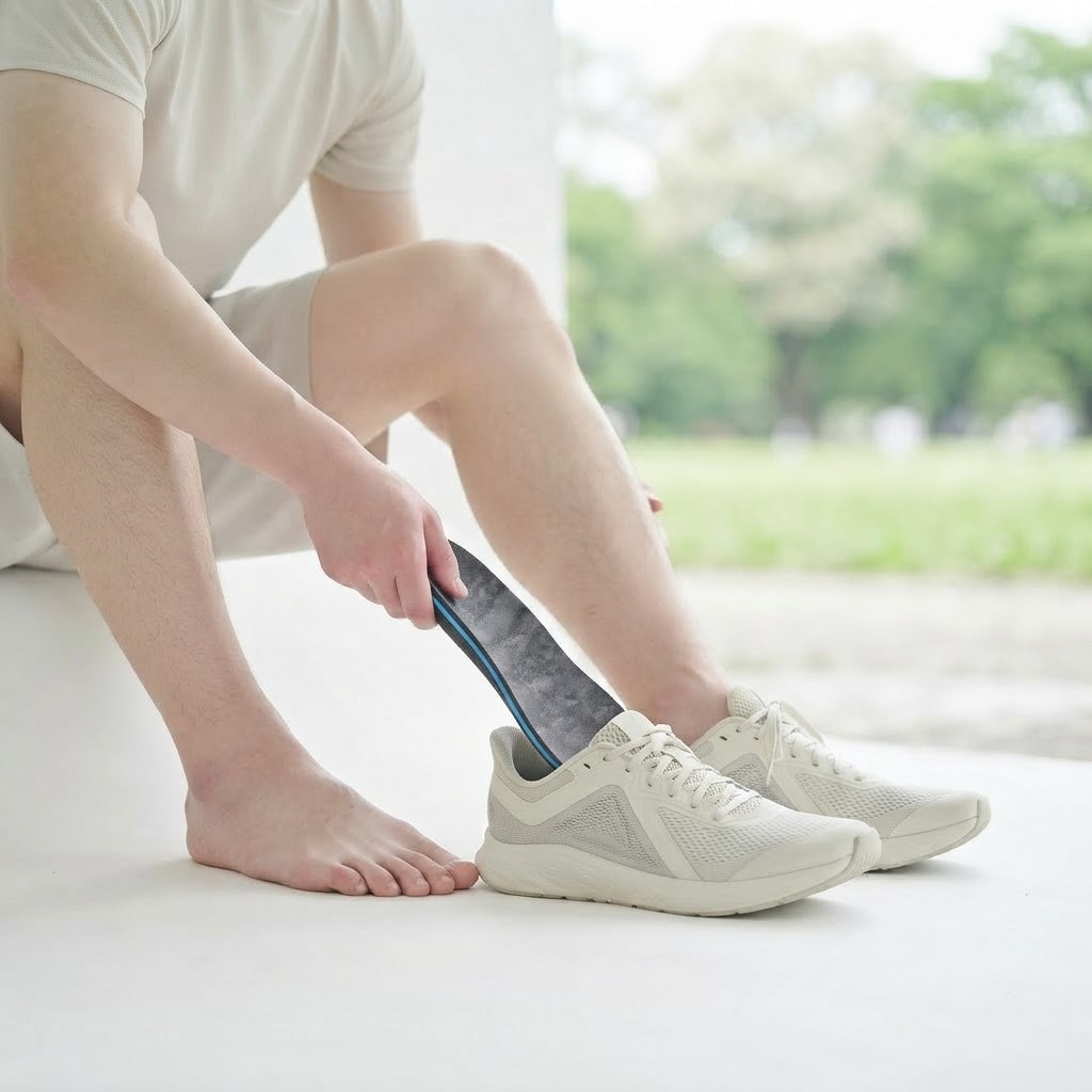 A person holding a charcoal EnviroFoam orthotic and sliding it into a running shoe, foot visible