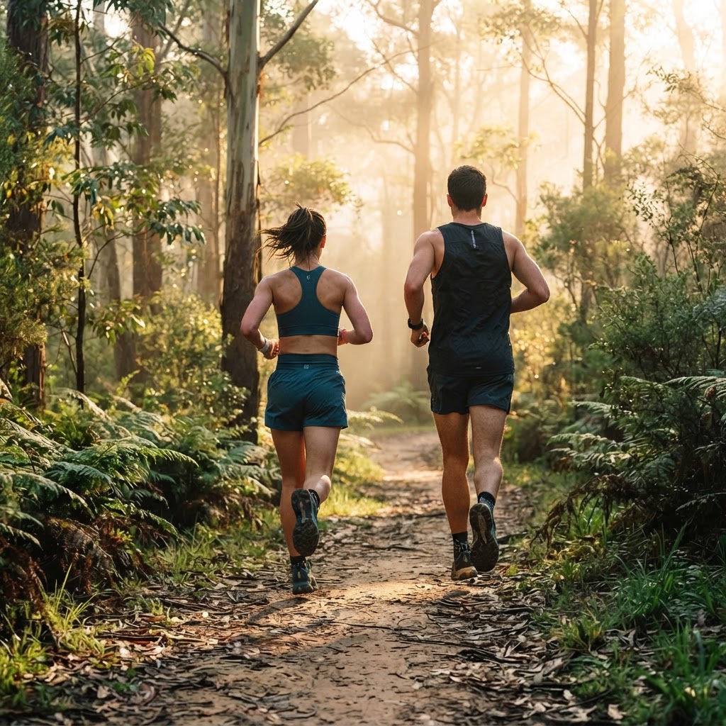 A man and woman running along a forest trail at sunrise