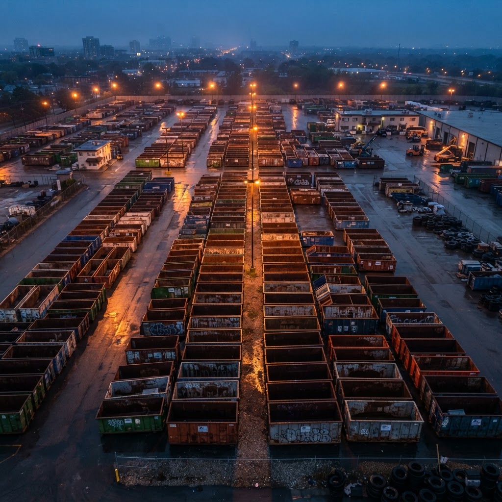 Aerial view of a yard filled with roll-off dumpsters staged for steel repair and repaint