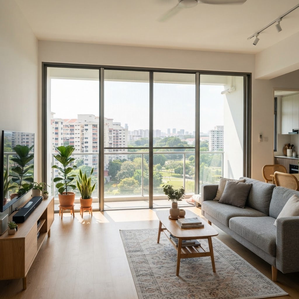 DINOMESH retractable mesh on a wide living room window overlooking a garden