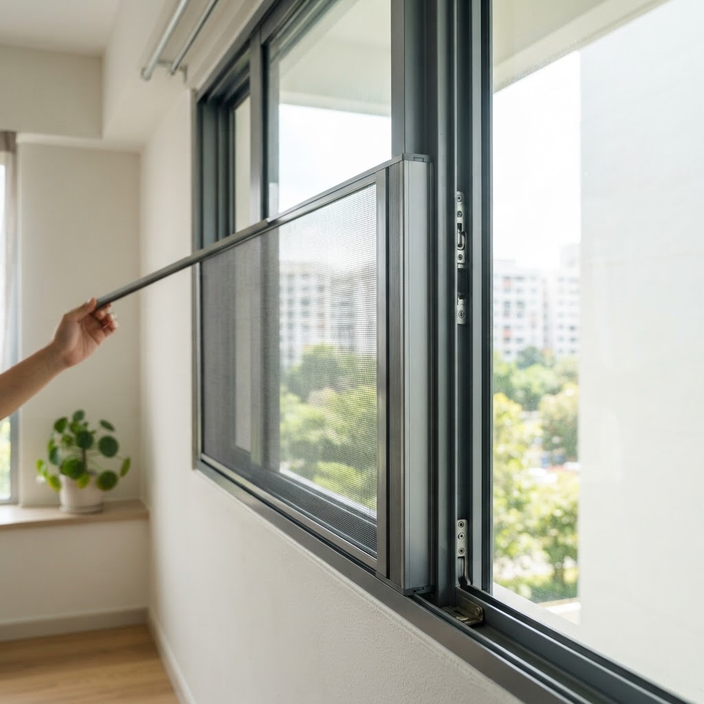 Side-profile view of the sleek retractable mesh housing integrated into a window frame