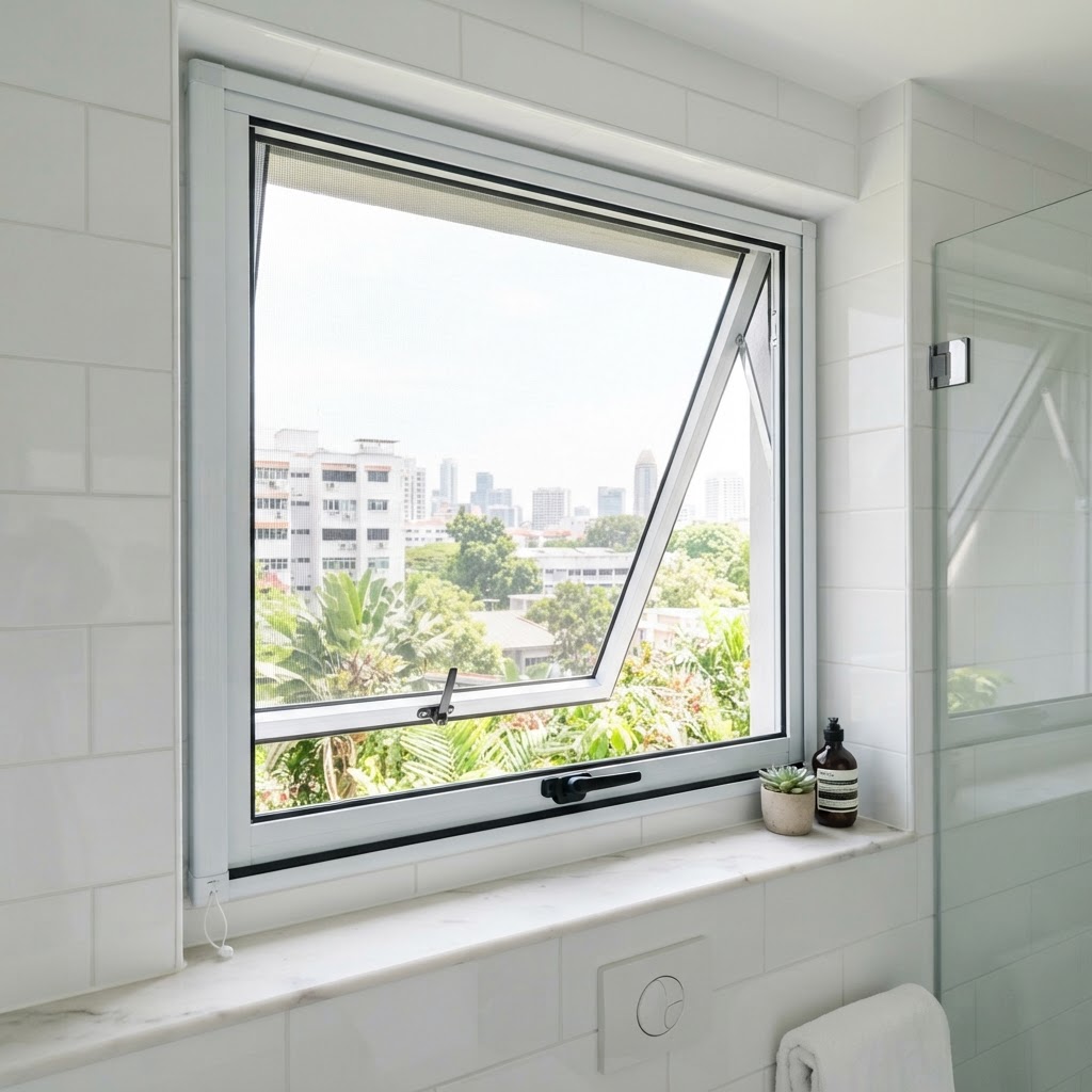 DINOMESH retractable insect screen on a black-framed top-hung bathroom window