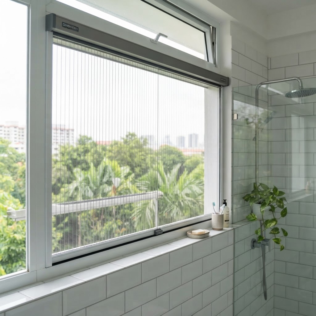 Angled view of the retractable mesh on an open bathroom window