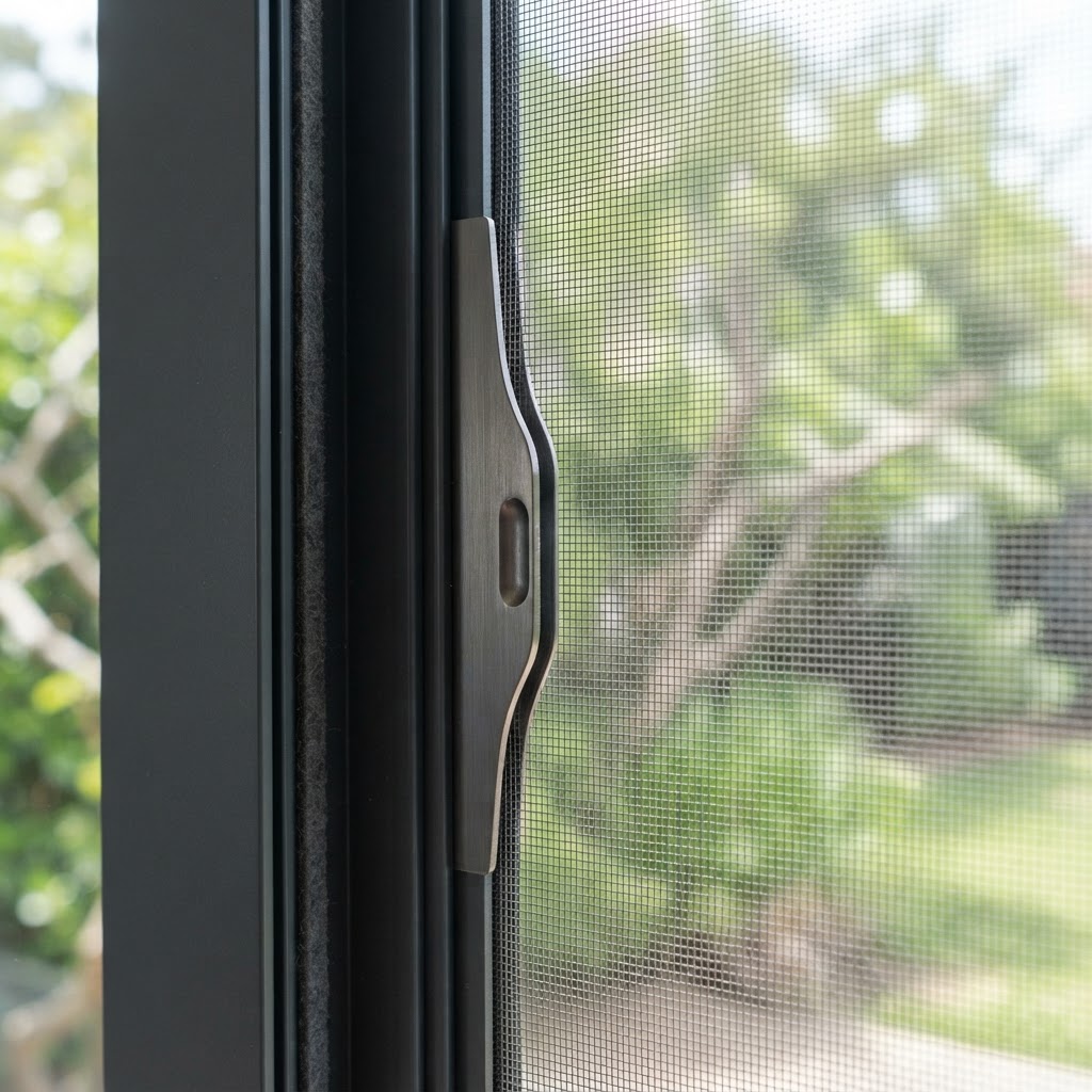 Close-up of the DINOMESH brand handle on a fine retractable insect mesh — strong enough for pets