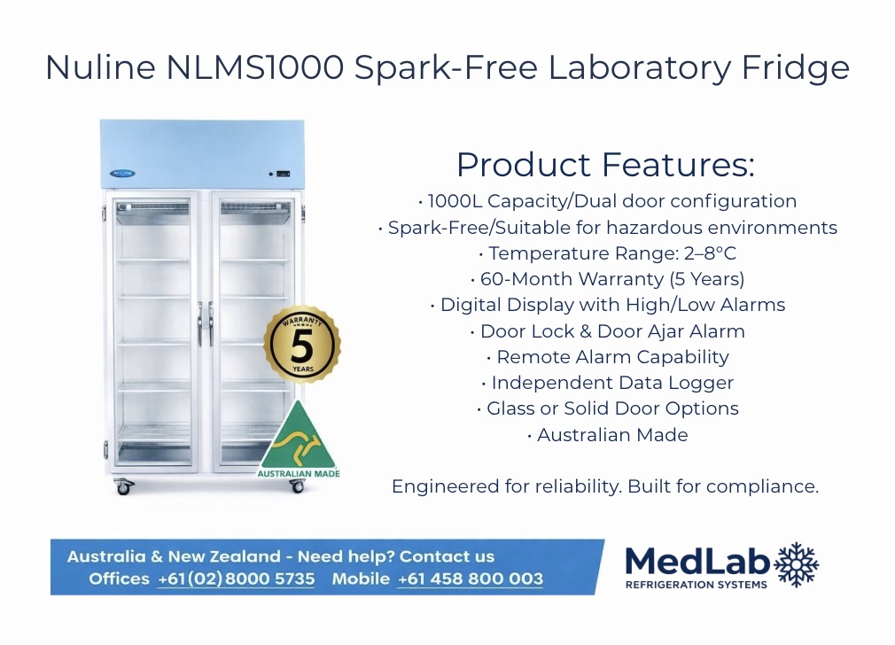 MedLab Refrigeration Systems — product showcase for the Nuline NLMS1000 Spark-Free Laboratory Fridge with full technical specifications and feature list