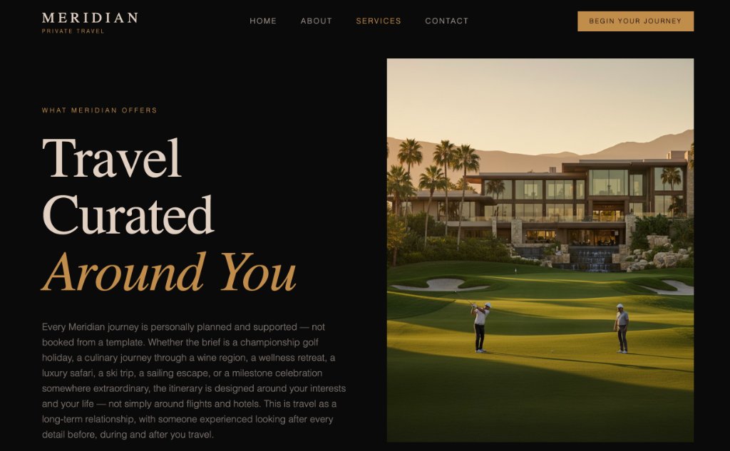 Meridian Private Travel — What Meridian Offers section featuring a luxury golf course holiday with a modern villa at golden hour