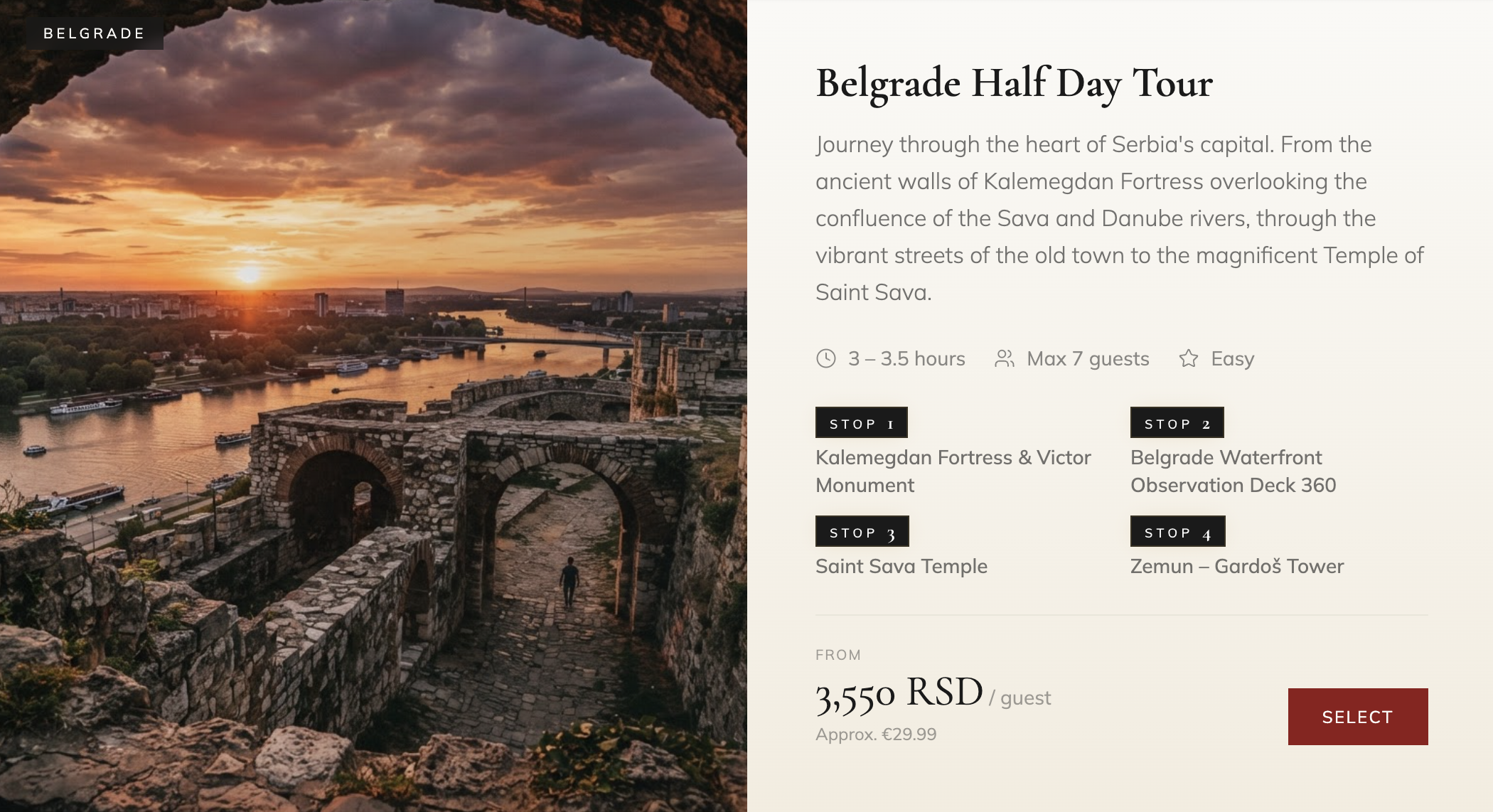 Serbia Tour — Belgrade Half Day Tour selection screen showing tour imagery, 3–3.5 hours duration, max 7 guests, four itinerary stops, 3,550 RSD pricing and SELECT button