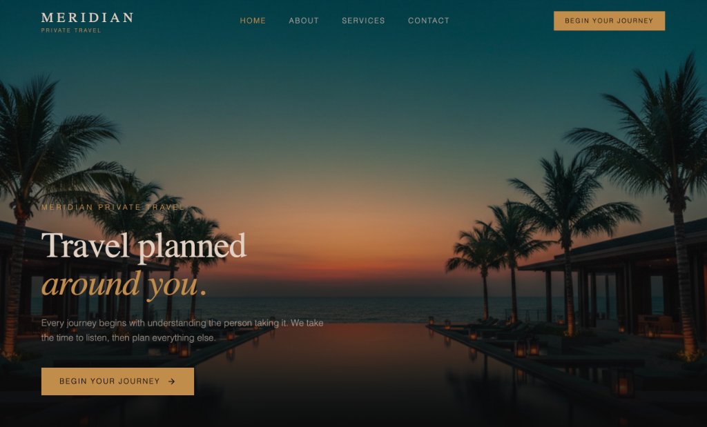 Meridian Private Travel — full-screen hero section featuring a luxury infinity pool overlooking a turquoise ocean at twilight