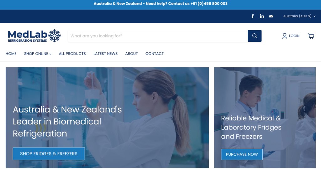 MedLab Refrigeration Systems — homepage hero section showcasing Australia & New Zealand's leader in biomedical refrigeration