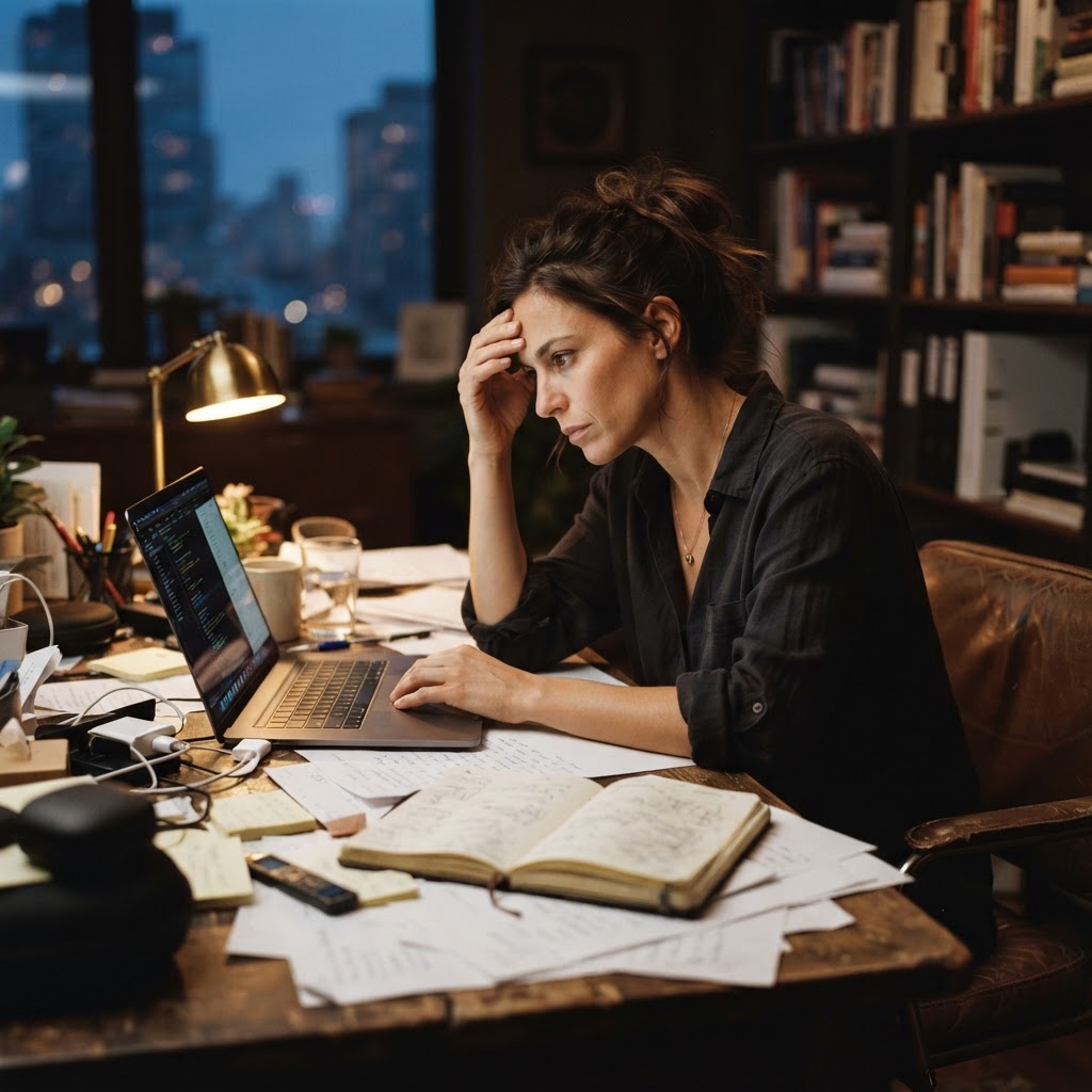 Business owner focused at a cluttered desk