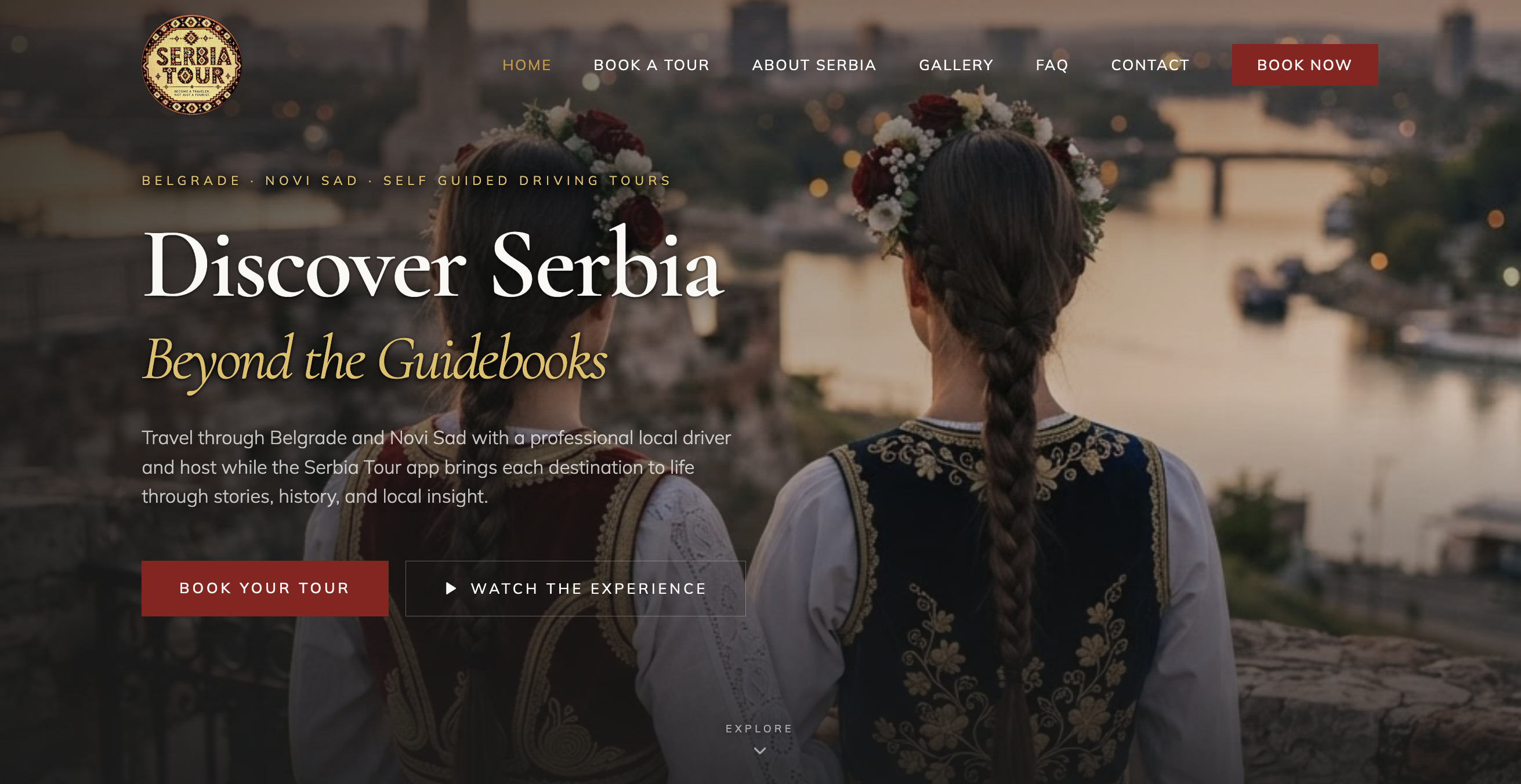 Serbia Tour — finished website homepage hero with navigation, circular Serbia Tour emblem, 'Discover Serbia — Beyond the Guidebooks' headline and Book Your Tour call to action