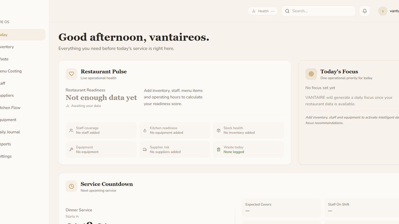 VANTAIRE Restaurant Operating System template preview