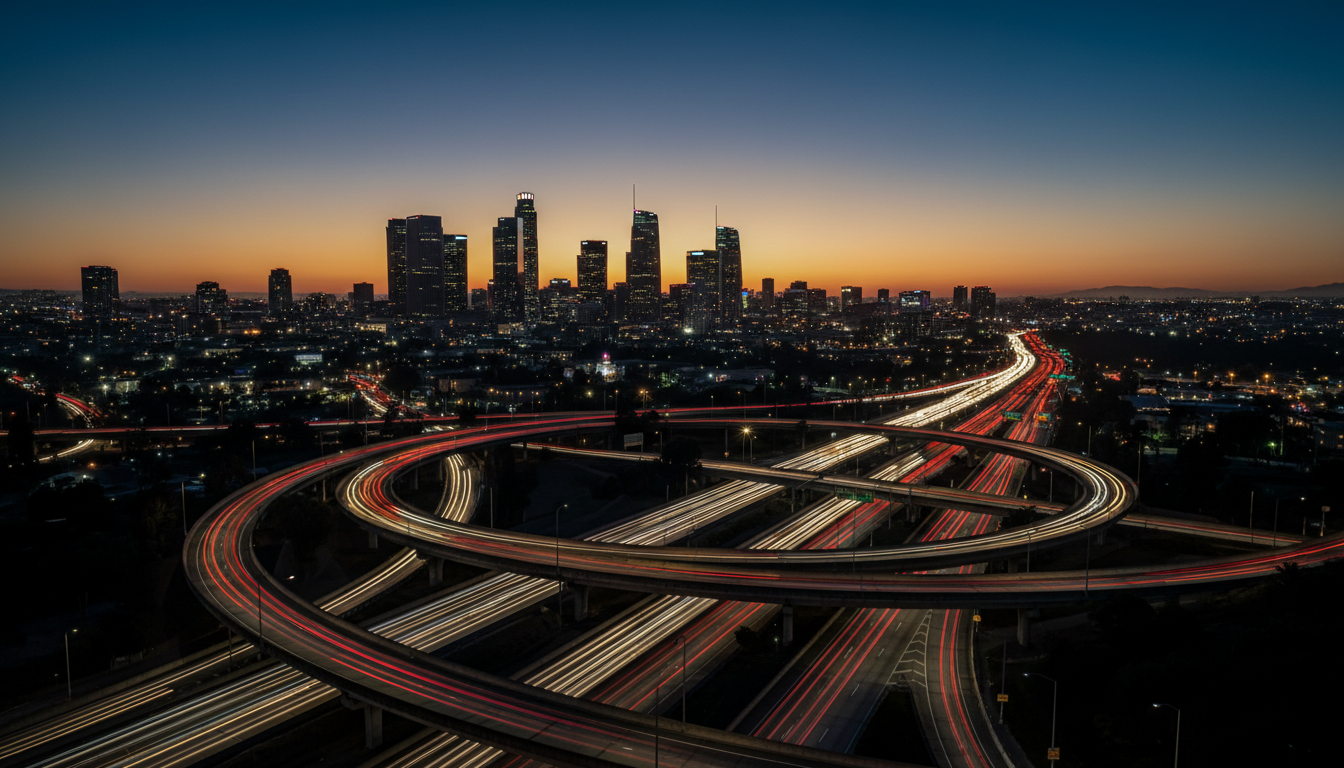 Aerial view of Los Angeles freeway at dusk