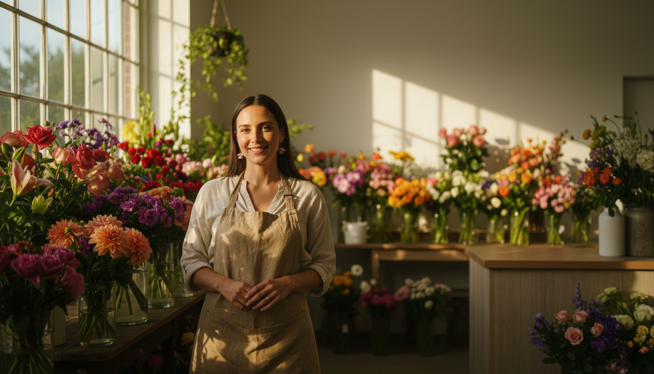 Small business owner proudly standing in her shop