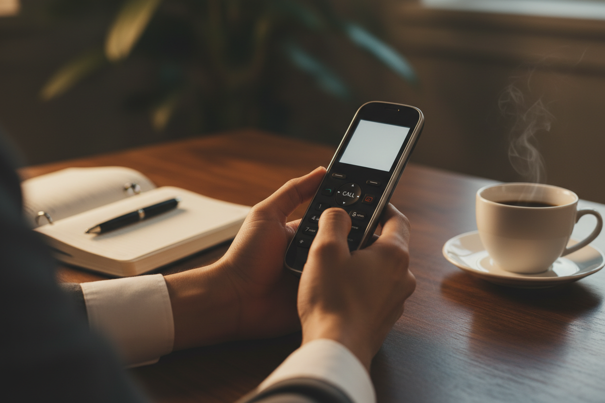 Close-up of hands using a VoIP phone handset