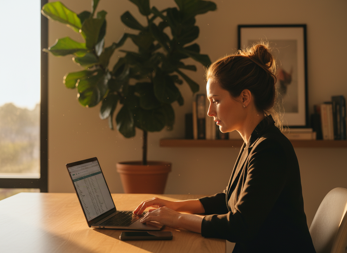 A focused consultant working in a sunlit home office